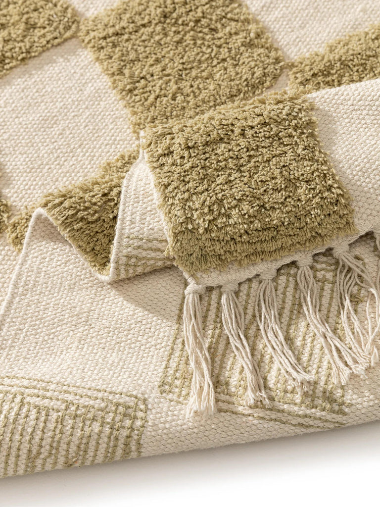 Tapis géométrique damier épais enfant vert et beige en coton 160x230 cm
