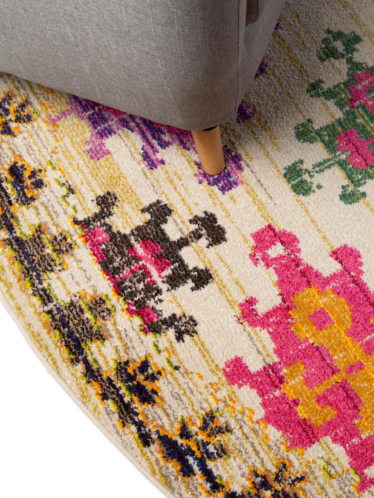 Tapis ethnique rond multicolore et beige 120 cm de diamètre