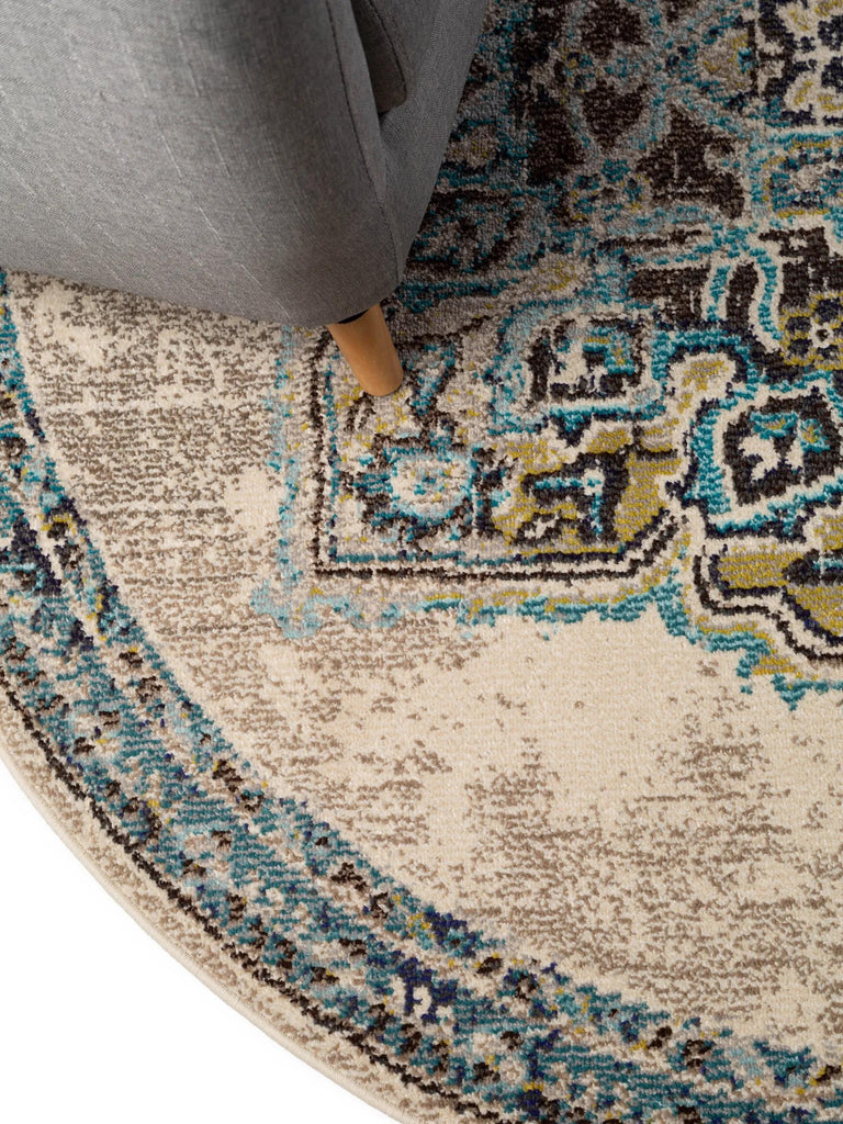 Tapis oriental rond beige et bleu 120 cm de diamètre