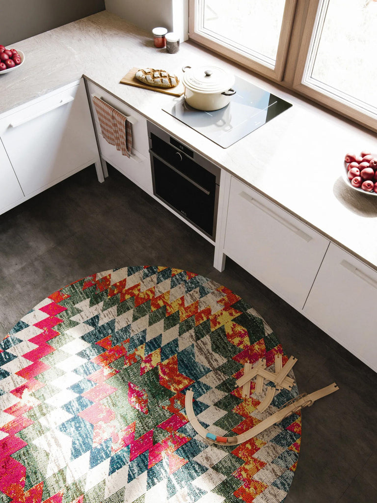 Tapis contemporain ethnique rond multicolore 160 cm de diamètre