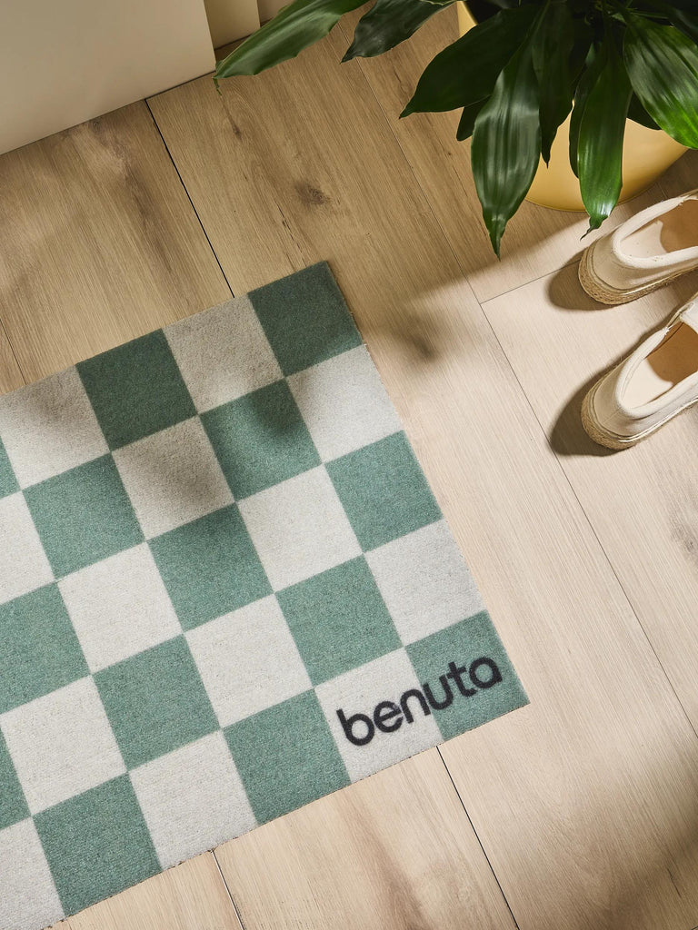 Paillasson géométrique damier vert et blanc 50x80 cm