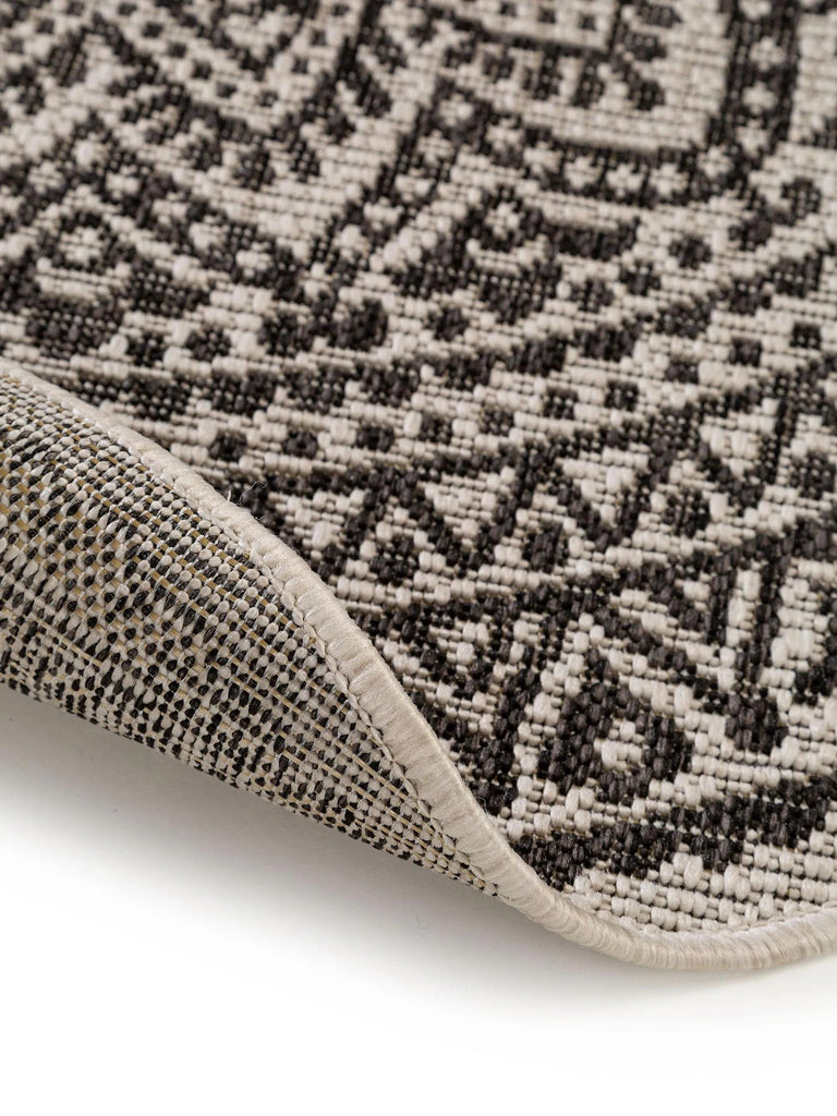 Tapis bohème motif mandala rond blanc et noir d'intérieur et d'extérieur 120 cm de diamètre