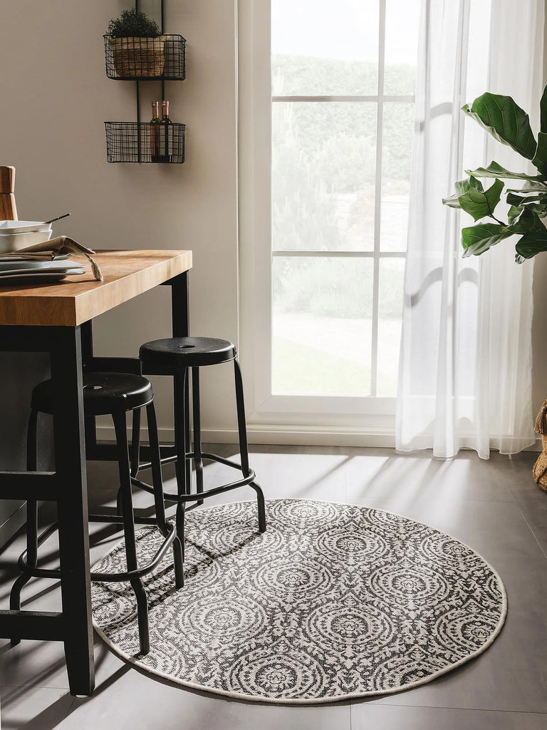 Tapis vintage oriental rond blanc et noir d'intérieur et d'extérieur 120 cm de diamètre