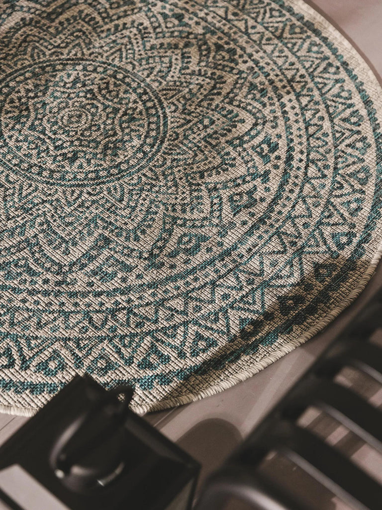 Tapis bohème motif mandala rond beige et bleu d'intérieur et d'extérieur 150 cm de diamètre