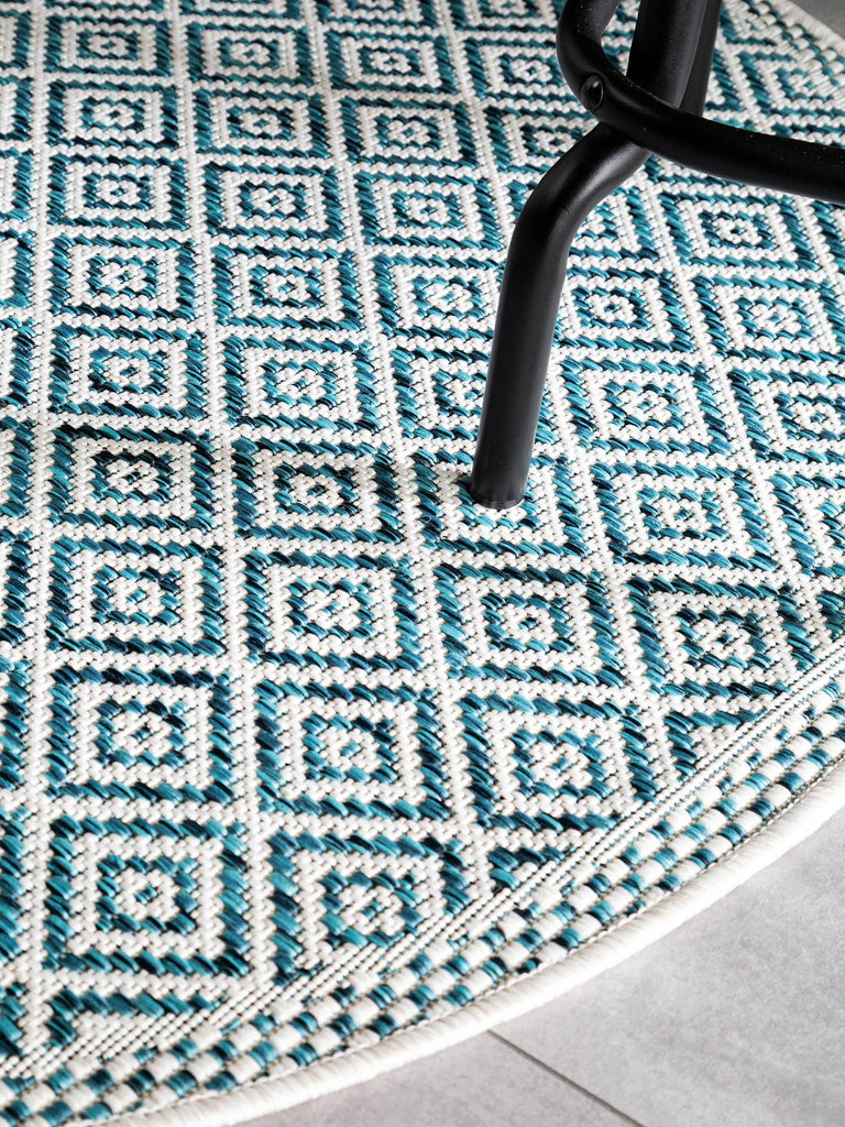 Tapis ethnique motif géométrique rond bleu d'intérieur et d'extérieur 150 cm de diamètre