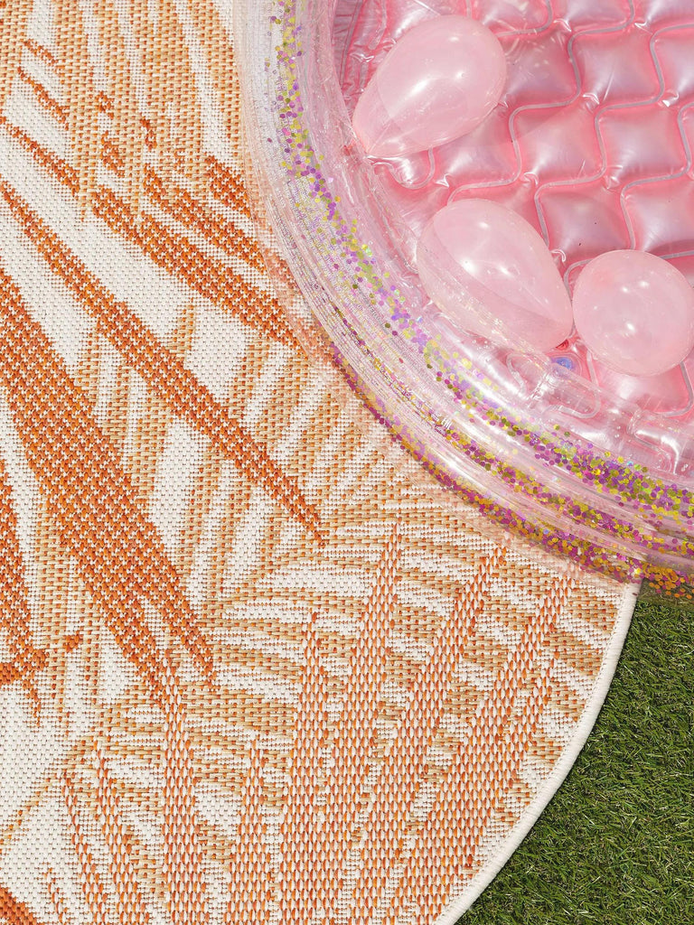 Tapis moderne motif feuille rond orange d'intérieur et d'extérieur 120 cm de diamètre