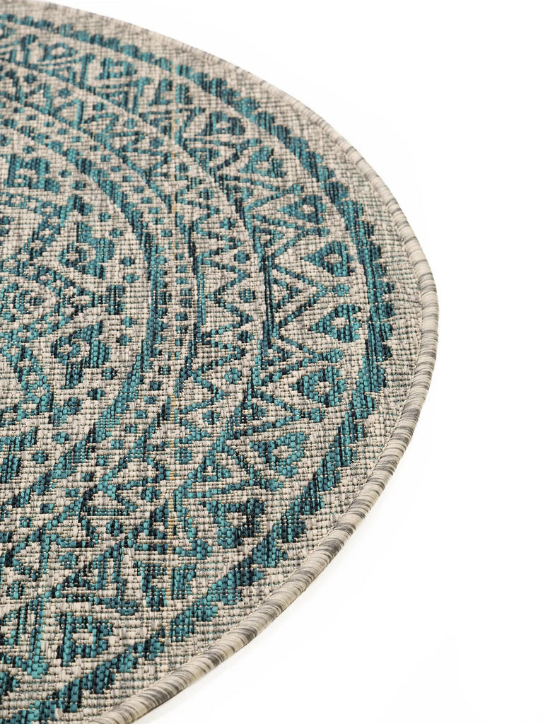 Tapis bohème motif mandala rond beige et bleu d'intérieur et d'extérieur 150 cm de diamètre
