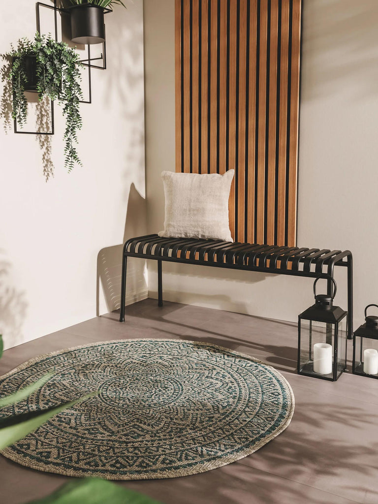 Tapis bohème motif mandala rond beige et bleu d'intérieur et d'extérieur 150 cm de diamètre