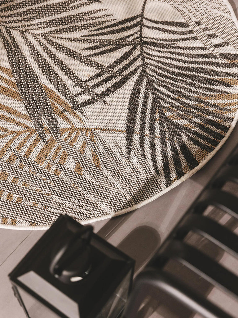 Tapis moderne motif feuille rond gris et beige d'intérieur et d'extérieur 120 cm de diamètre