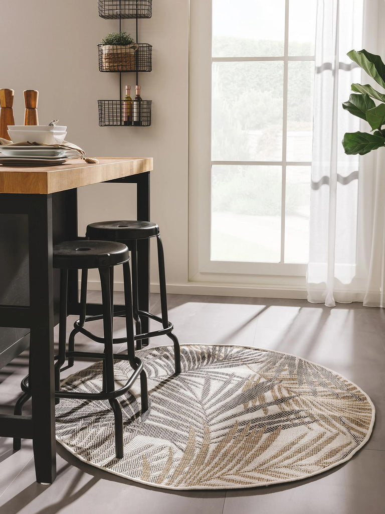 Tapis moderne motif feuille rond gris et beige d'intérieur et d'extérieur 120 cm de diamètre