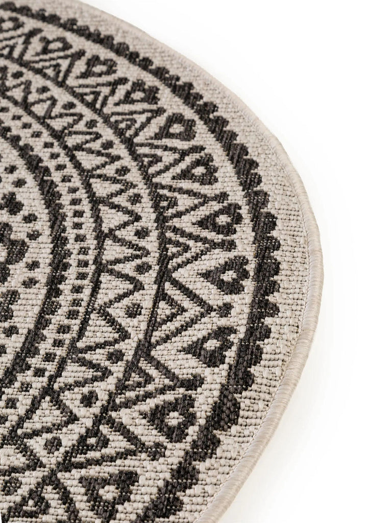 Tapis bohème motif mandala rond blanc et noir d'intérieur et d'extérieur 120 cm de diamètre