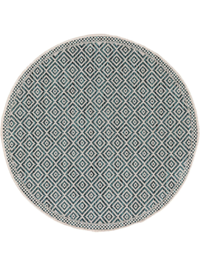Tapis ethnique motif géométrique rond bleu d'intérieur et d'extérieur 150 cm de diamètre