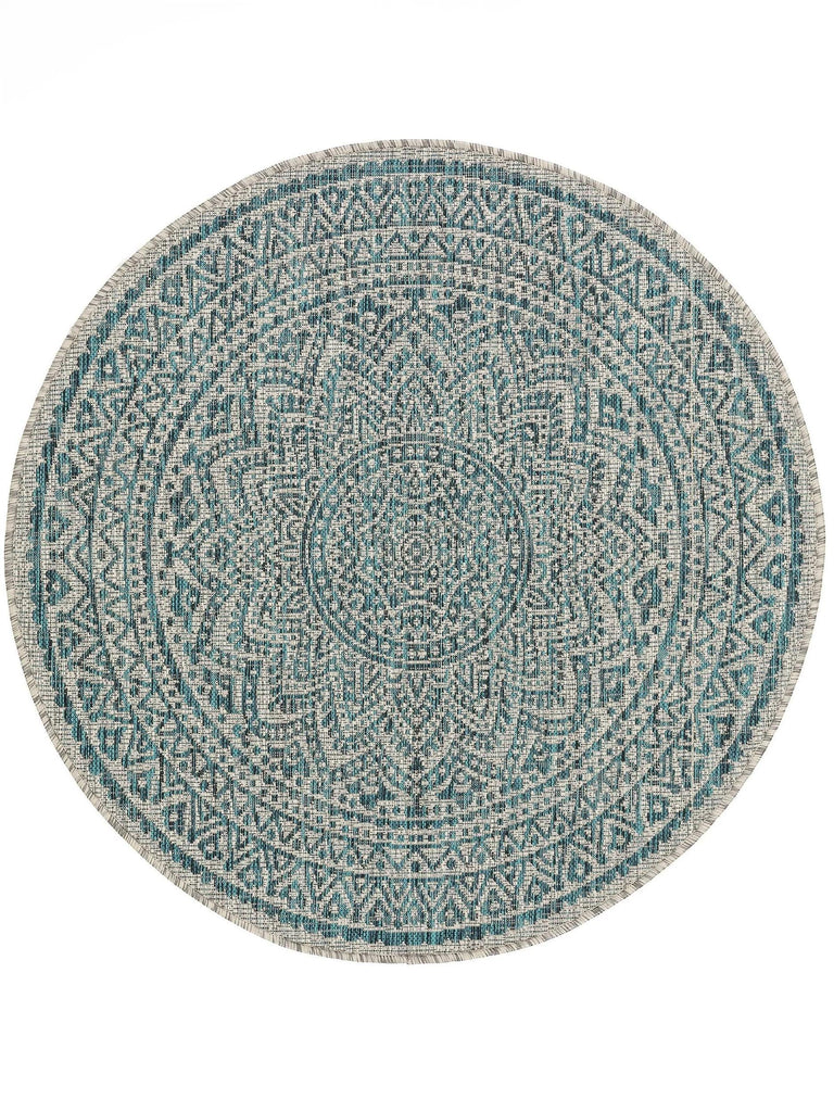 Tapis bohème motif mandala rond beige et bleu d'intérieur et d'extérieur 150 cm de diamètre