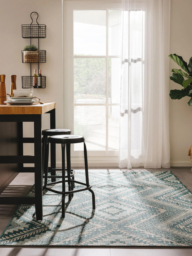 Tapis ethnique motif aztèque bleu d'intérieur et d'extérieur 120x170 cm