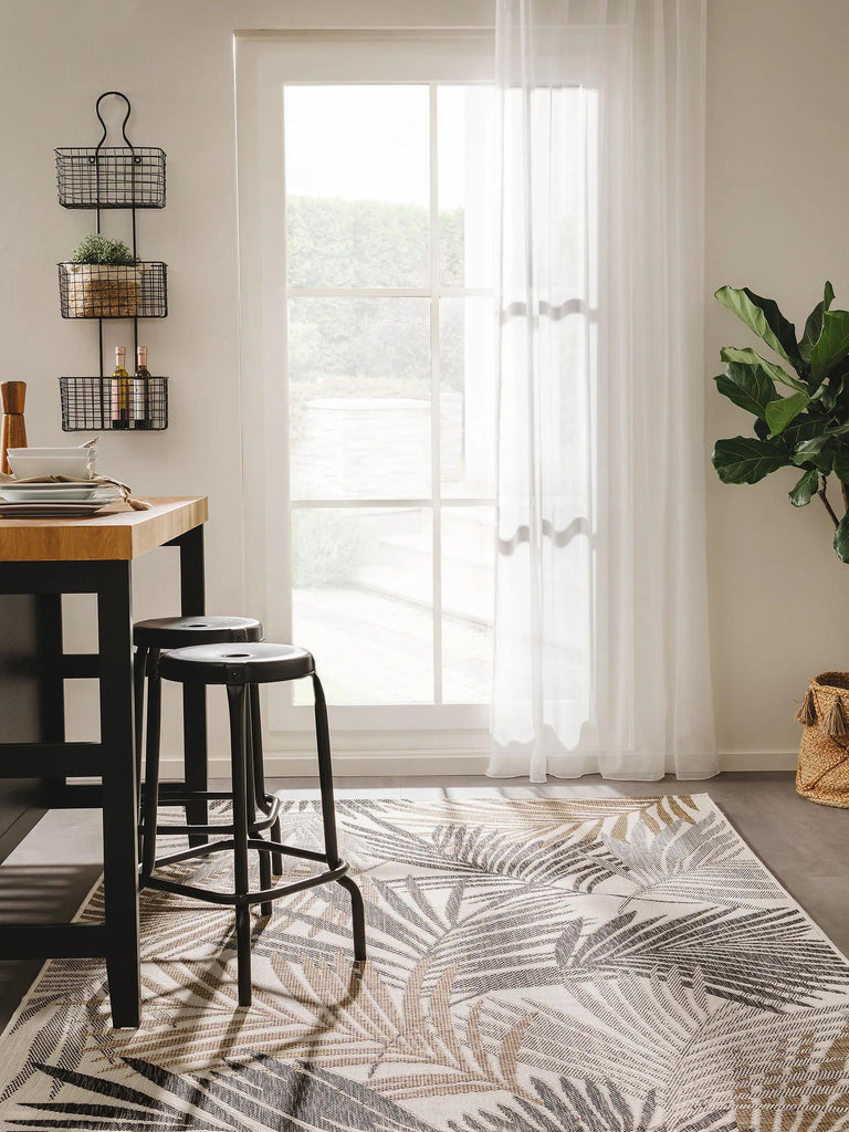 Tapis moderne motif feuille gris et beige d'intérieur et d'extérieur 80x150 cm