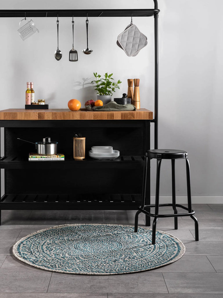 Tapis bohème motif mandala rond beige et bleu d'intérieur et d'extérieur 150 cm de diamètre