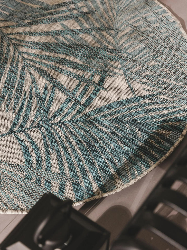 Tapis moderne motif feuille rond bleu et gris d'intérieur et d'extérieur 120 cm de diamètre