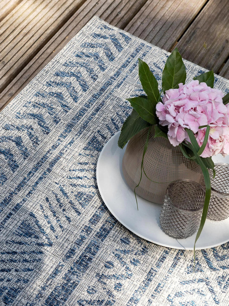 Tapis ethnique motif géométrique bleu et gris d'intérieur et d'extérieur 80x150 cm