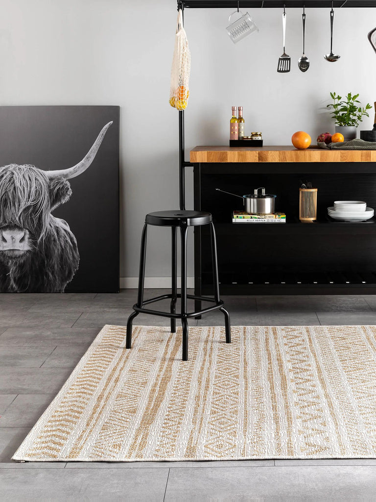 Tapis ethnique rayé crème et beige d'intérieur et d'extérieur 80x150 cm
