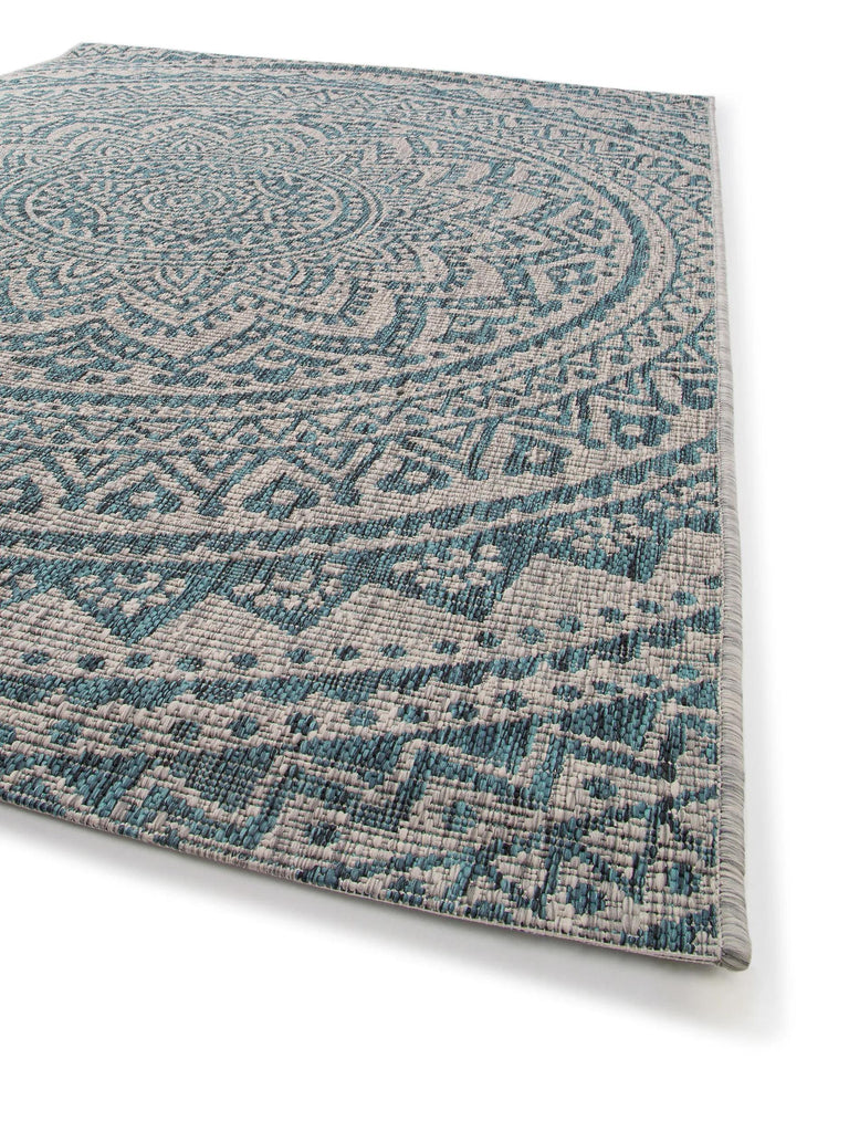 Tapis bohème motif mandala beige et bleu d'intérieur et d'extérieur 80x150 cm