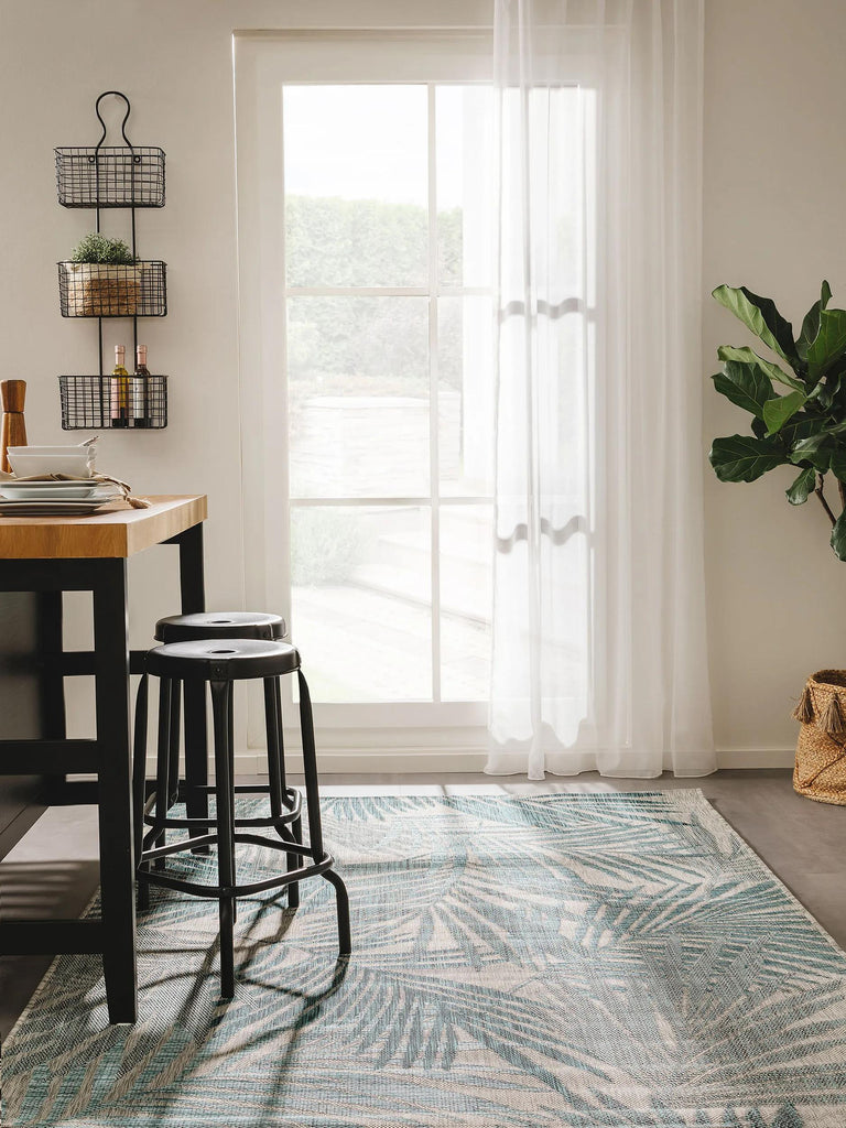 Tapis moderne motif feuille bleu et gris d'intérieur et d'extérieur 80x150 cm