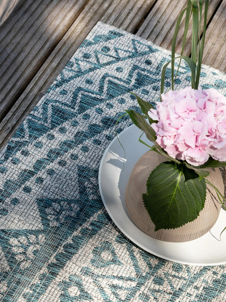 Tapis bohème motif mandala beige et bleu d'intérieur et d'extérieur 80x150 cm