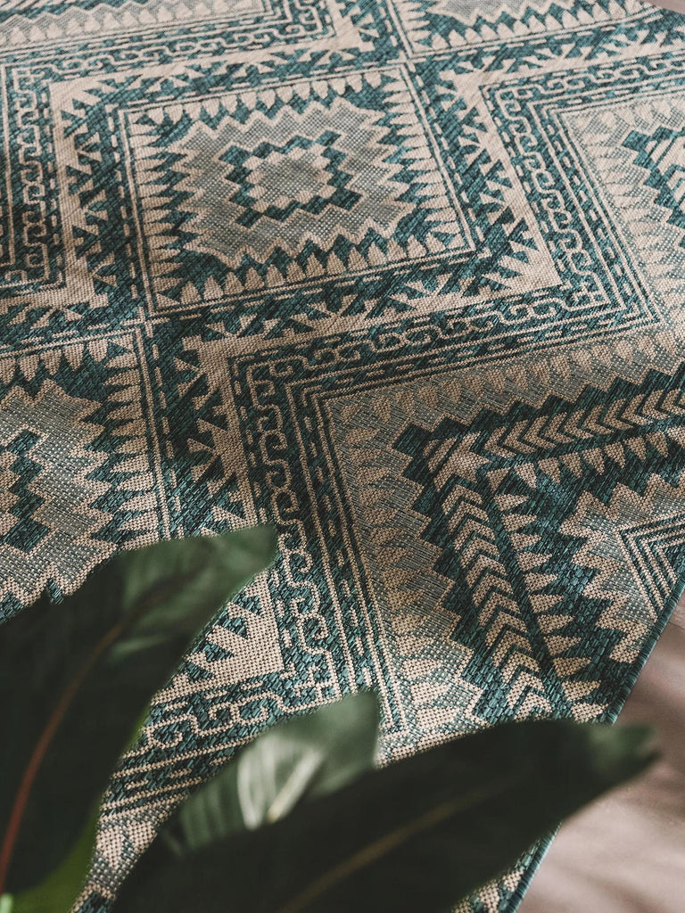 Tapis ethnique motif aztèque bleu d'intérieur et d'extérieur 80x150 cm