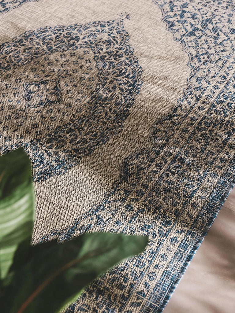Tapis vintage oriental bleu et gris d'intérieur et d'extérieur 80x150 cm