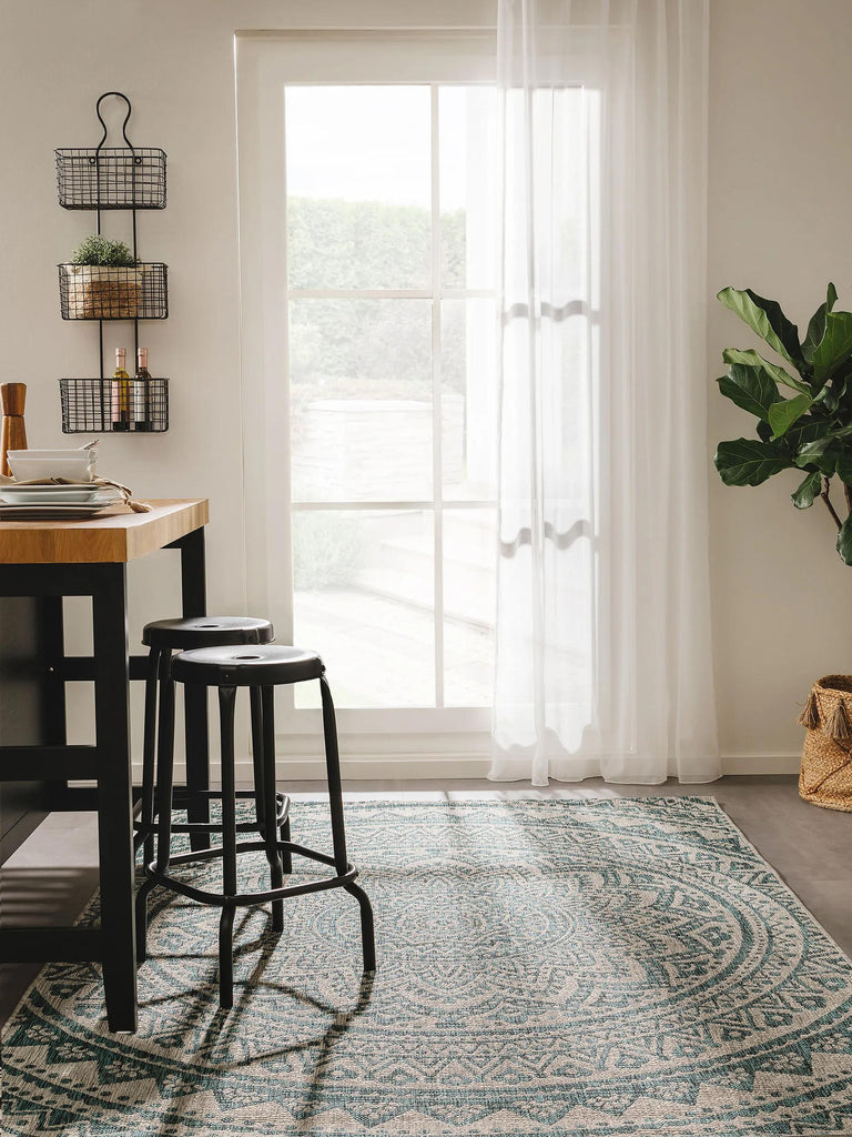 Tapis bohème motif mandala beige et bleu d'intérieur et d'extérieur 300x400 cm