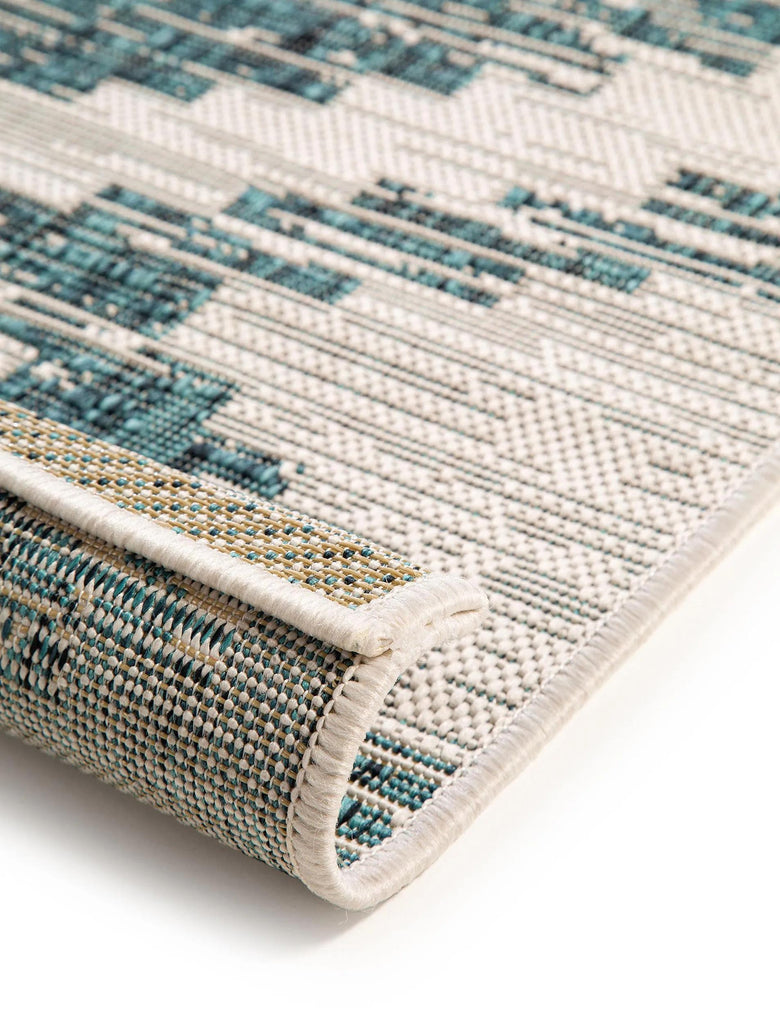 Tapis bohème motif ethnique beige et bleu d'intérieur et d'extérieur 80x150 cm