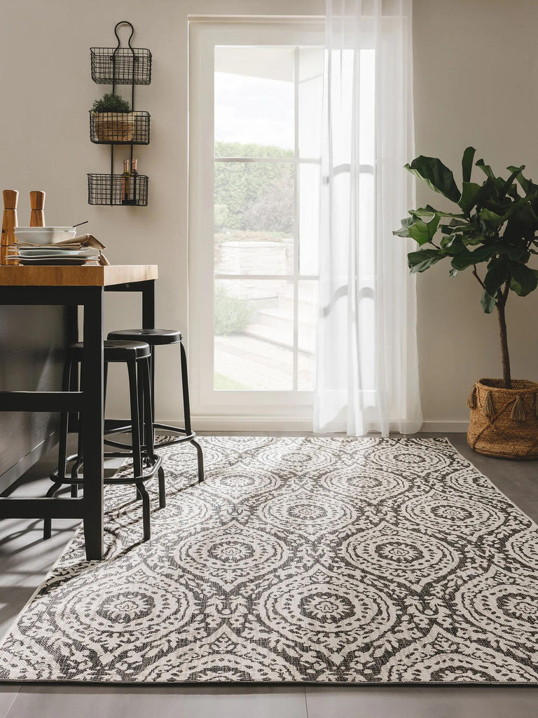 Tapis vintage oriental blanc et noir d'intérieur et d'extérieur 120x170 cm