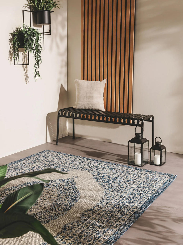 Tapis vintage oriental bleu et gris d'intérieur et d'extérieur 140x200 cm