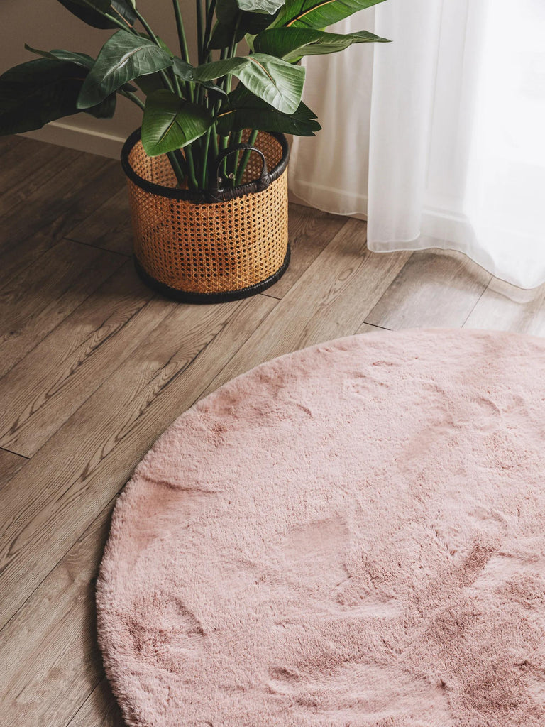 Tapis shaggy fausse fourrure rond rose 120 cm de diamètre