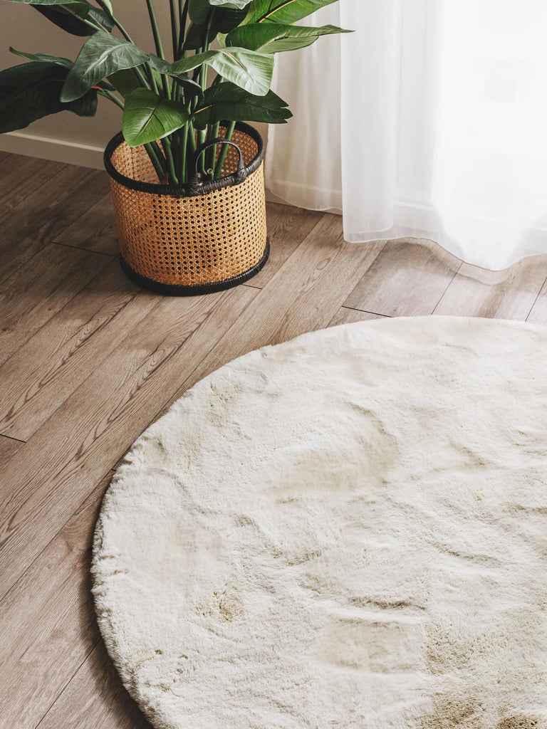 Tapis shaggy fausse fourrure rond crème 120 cm de diamètre