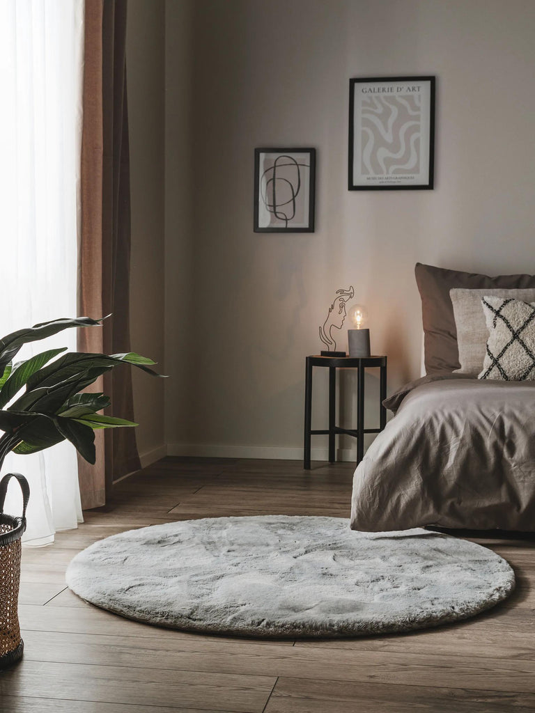 Tapis shaggy fausse fourrure rond gris clair 120 cm de diamètre