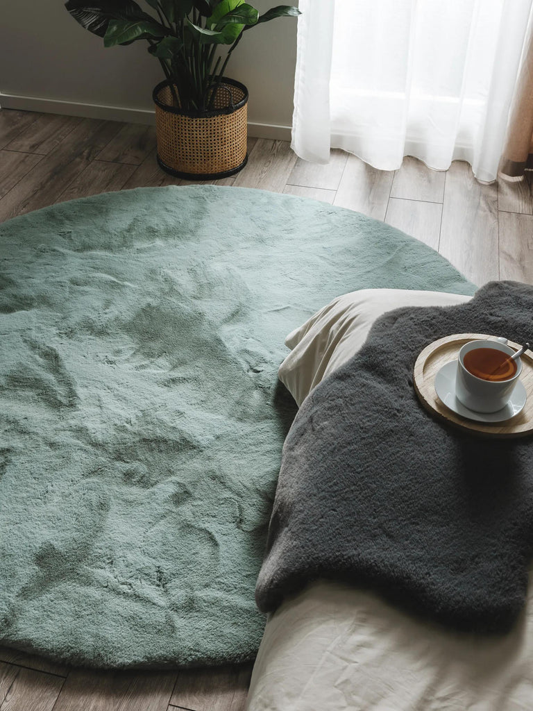 Tapis shaggy fausse fourrure rond vert menthe 120 cm de diamètre