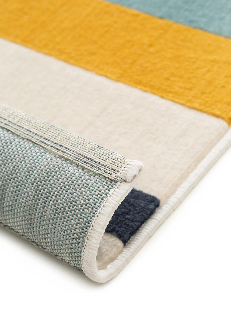 Tapis géométrique rayé enfant bleu et jaune 120x170 cm