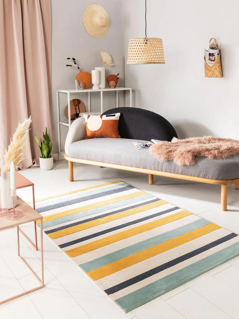 Tapis géométrique rayé enfant bleu et jaune 160x230 cm