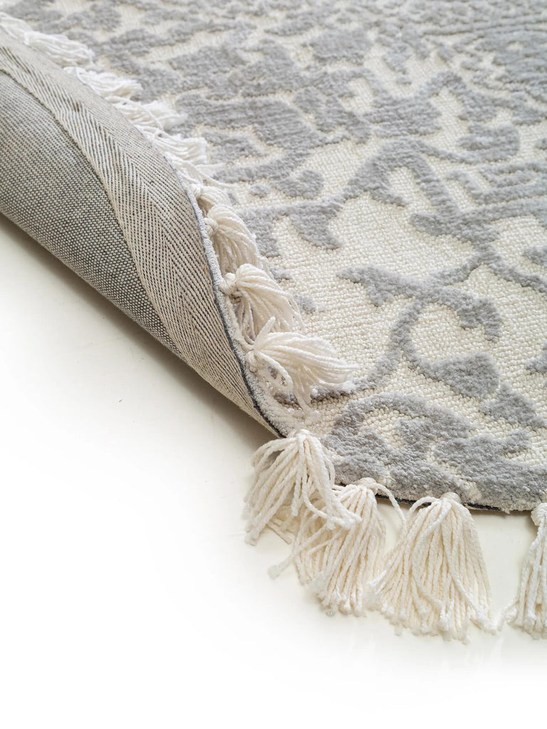 Tapis kilim motif fleurs à franges rond crème et gris 150 cm de diamètre