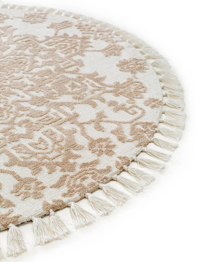 Tapis kilim motif fleurs à franges rond beige et crème 150 cm de diamètre