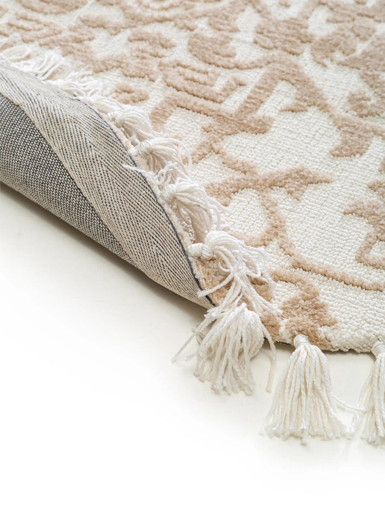 Tapis kilim motif fleurs à franges rond beige et crème 150 cm de diamètre