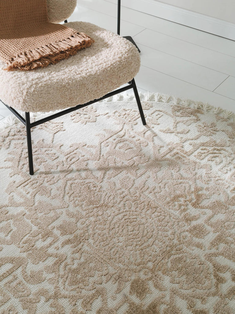 Tapis kilim motif fleurs à franges rond beige et crème 150 cm de diamètre