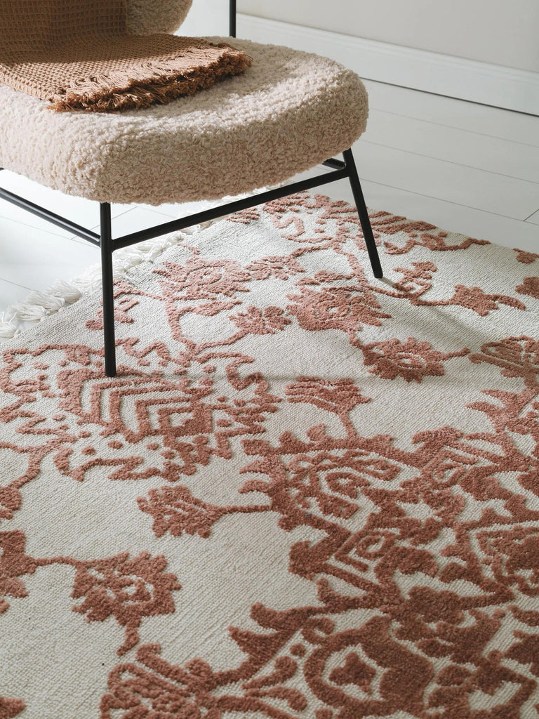 Tapis kilim motif fleurs à franges terracotta et crème 120x170 cm