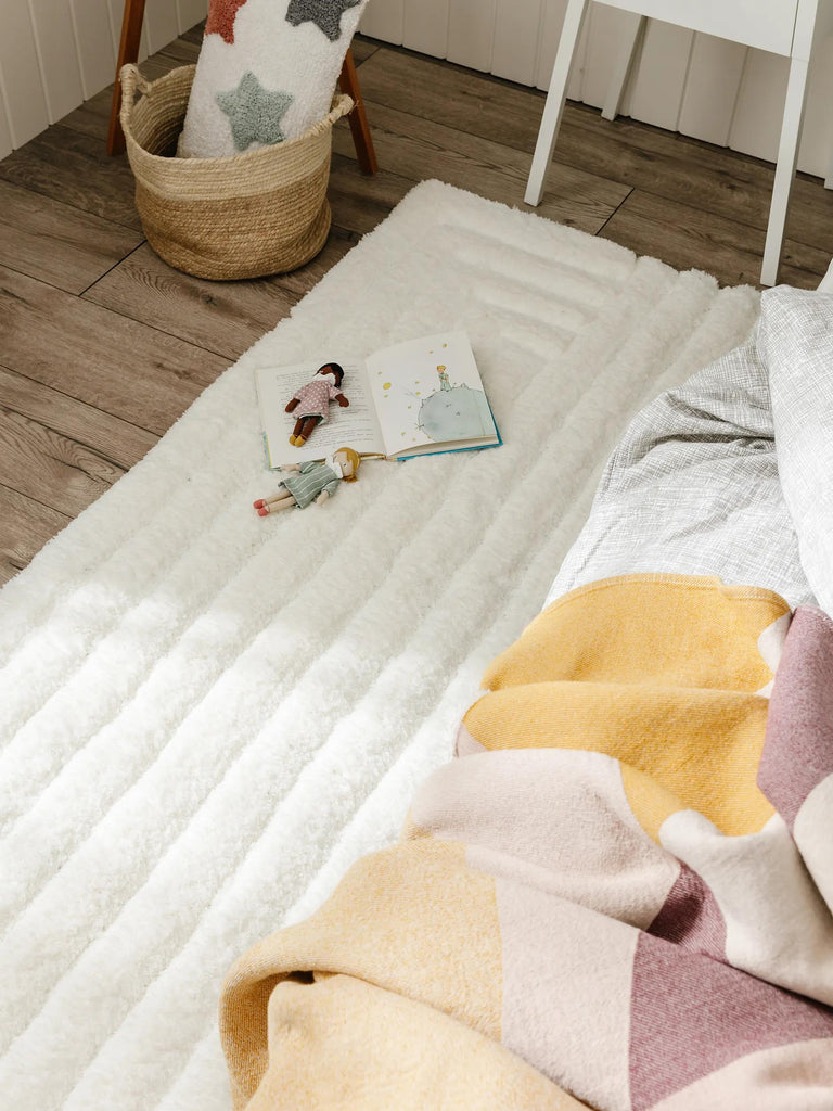 Tapis shaggy rainures géométrique de couloir crème 70x200 cm