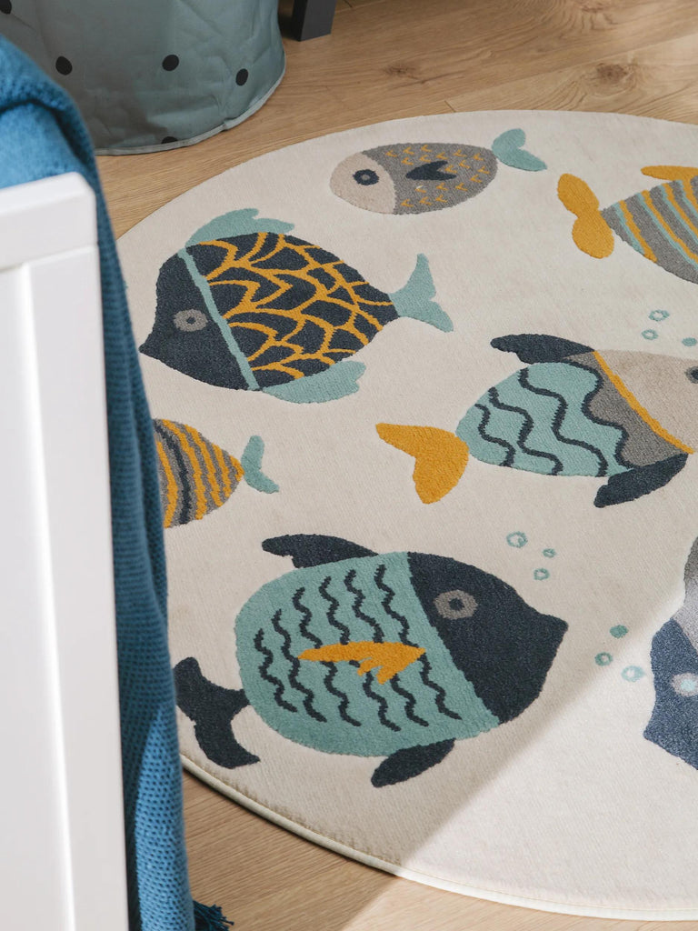 Tapis moderne motif animal poissons rond enfant beige bleu et orange 120 cm de diamètre