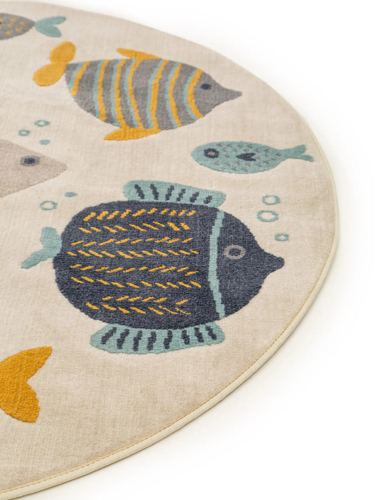 Tapis moderne motif animal poissons rond enfant beige bleu et orange 120 cm de diamètre