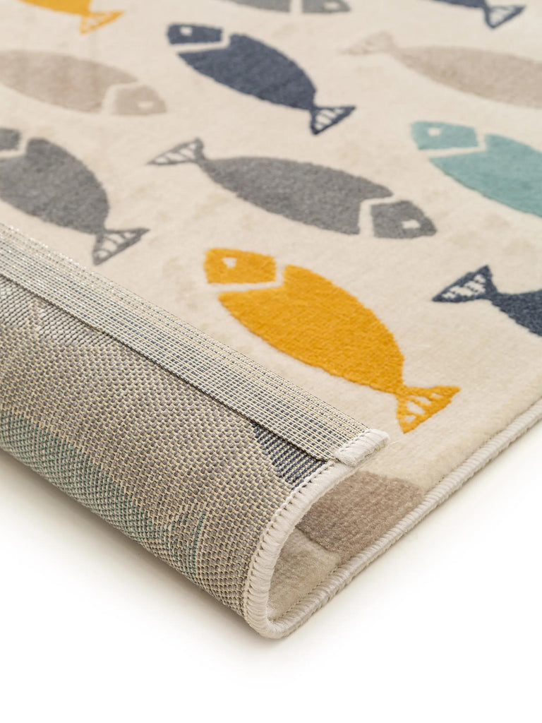 Tapis moderne motif marin enfant beige bleu et orange 160x230 cm