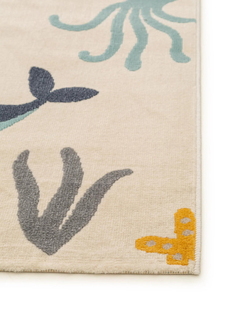 Tapis moderne motif animal pieuvre enfant beige bleu et orange 160x230 cm