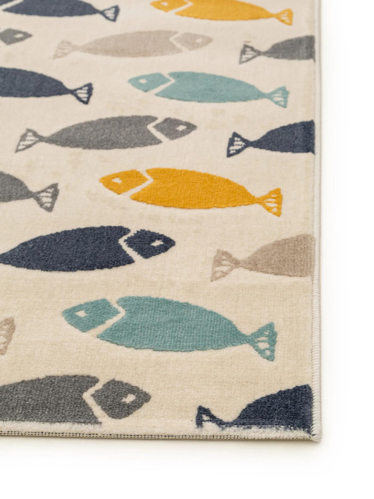 Tapis moderne motif animal poissons enfant beige bleu et orange 120x170 cm