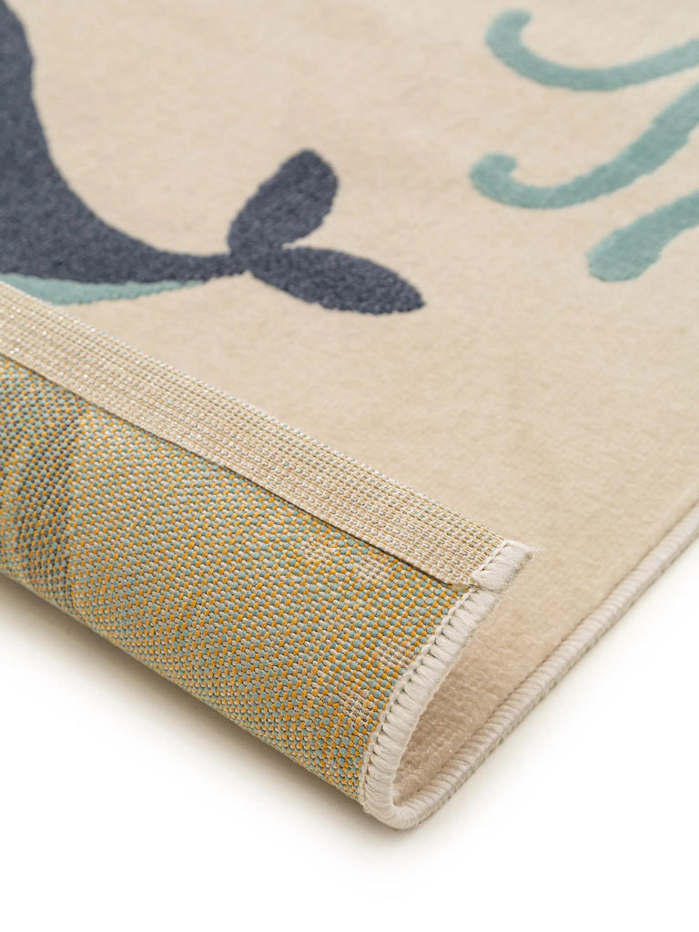 Tapis moderne motif animal pieuvre enfant beige bleu et orange 80x150 cm